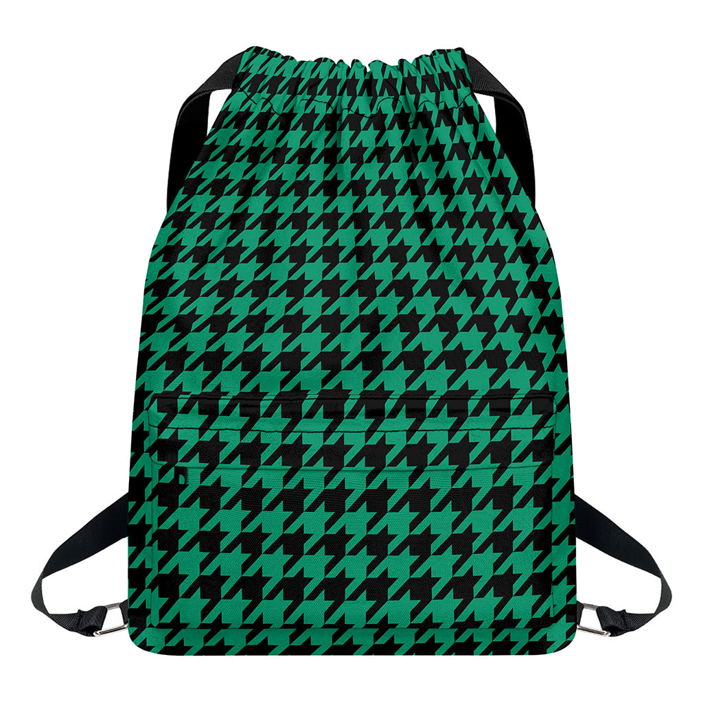 Jungle Green And Black Houndstooth Print Drawstring Backpack