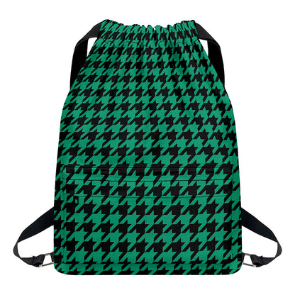 Jungle Green And Black Houndstooth Print Drawstring Backpack