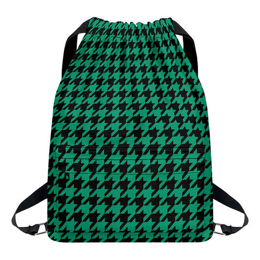 Jungle Green And Black Houndstooth Print Drawstring Backpack