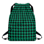 Jungle Green And Black Houndstooth Print Drawstring Backpack