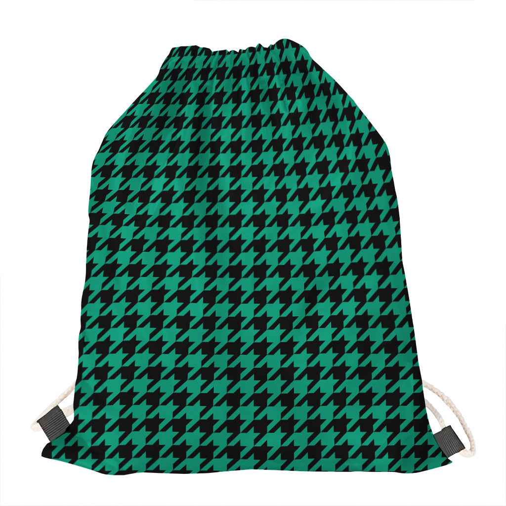 Jungle Green And Black Houndstooth Print Drawstring Bag