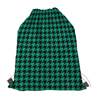 Jungle Green And Black Houndstooth Print Drawstring Bag