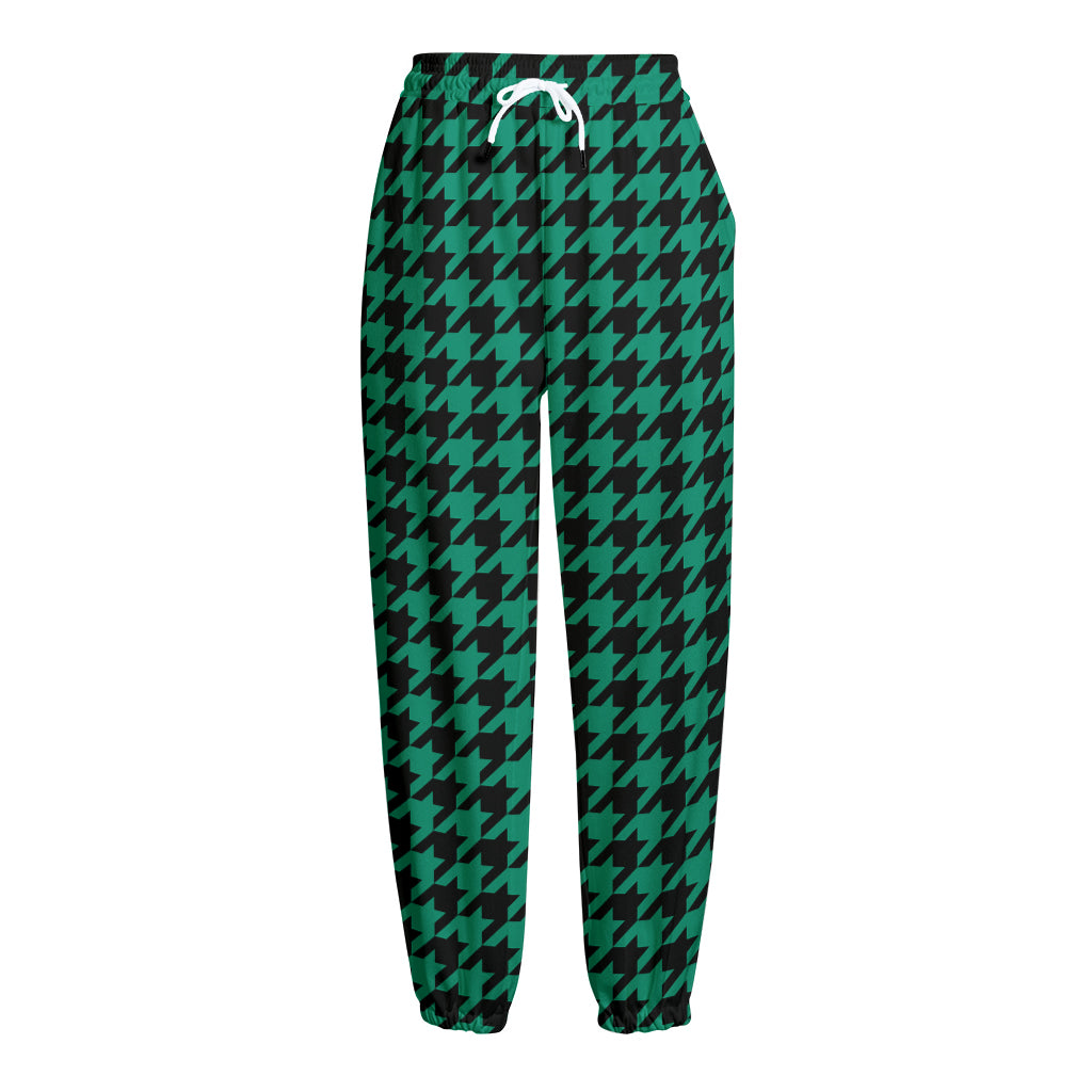 Jungle Green And Black Houndstooth Print Fleece Lined Knit Pants