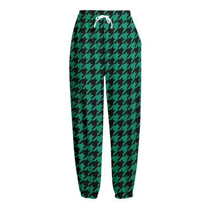 Jungle Green And Black Houndstooth Print Fleece Lined Knit Pants