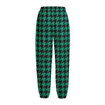 Jungle Green And Black Houndstooth Print Fleece Lined Knit Pants