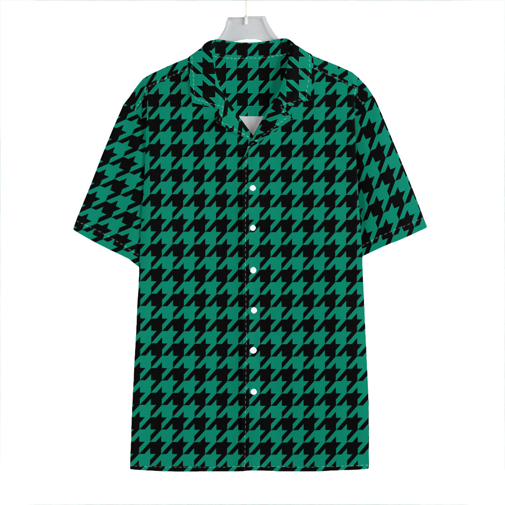 Jungle Green And Black Houndstooth Print Hawaiian Shirt