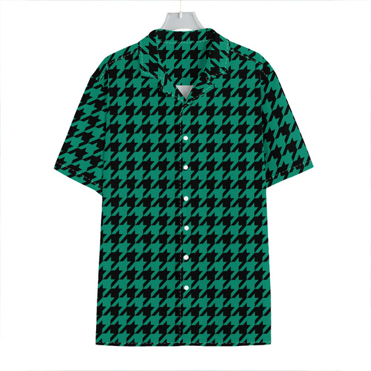 Jungle Green And Black Houndstooth Print Hawaiian Shirt