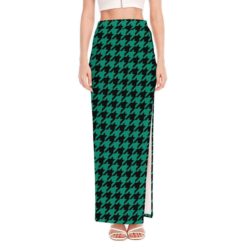 Jungle Green And Black Houndstooth Print High Slit Maxi Skirt