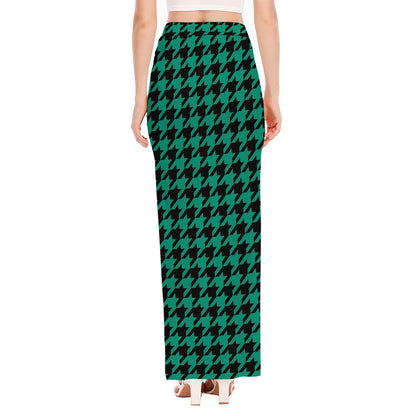 Jungle Green And Black Houndstooth Print High Slit Maxi Skirt
