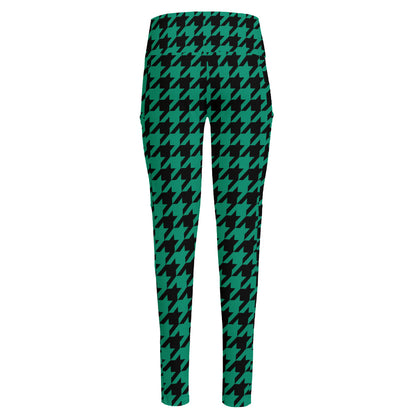 Jungle Green And Black Houndstooth Print High-Waisted Pocket Leggings