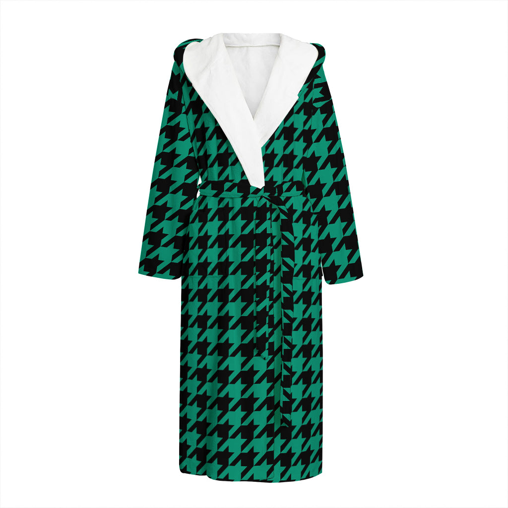 Jungle Green And Black Houndstooth Print Hooded Bathrobe