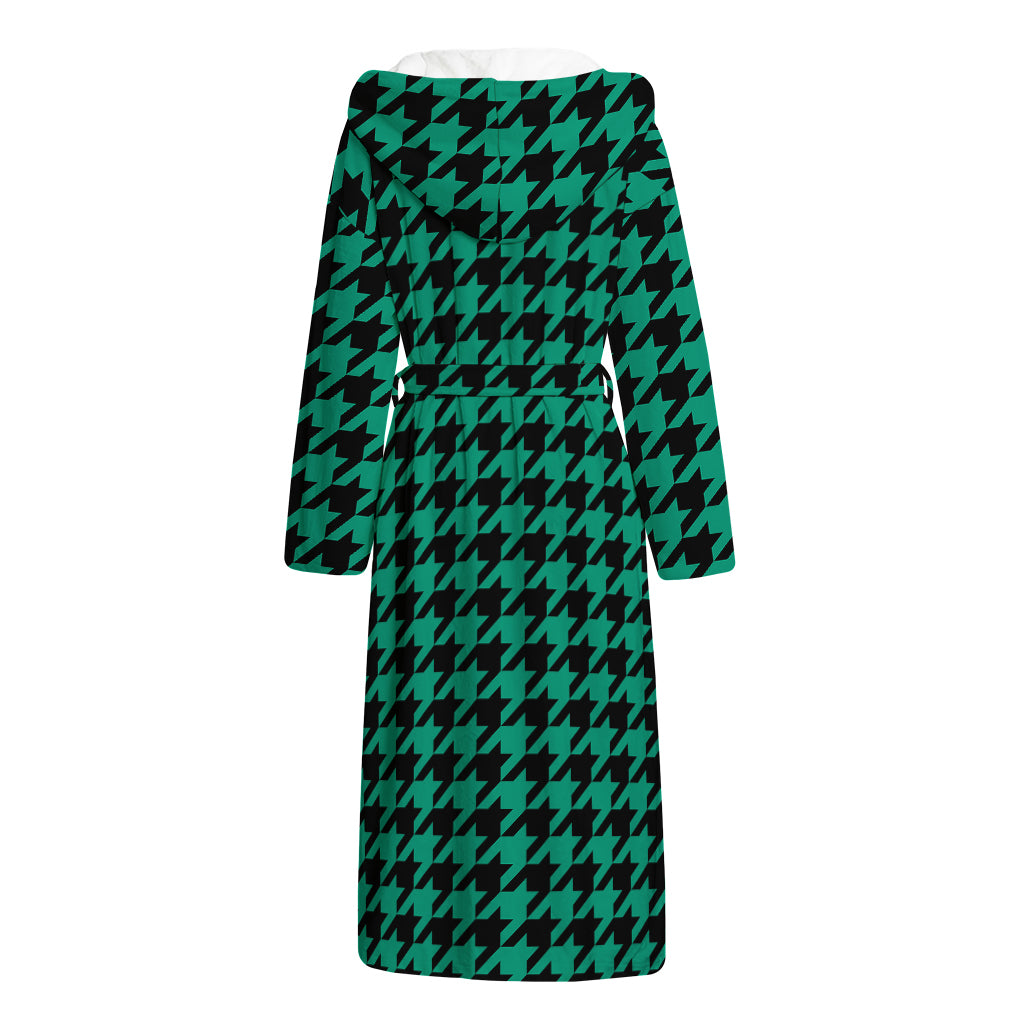 Jungle Green And Black Houndstooth Print Hooded Bathrobe