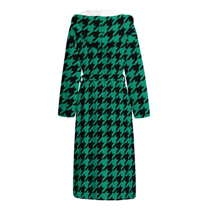 Jungle Green And Black Houndstooth Print Hooded Bathrobe