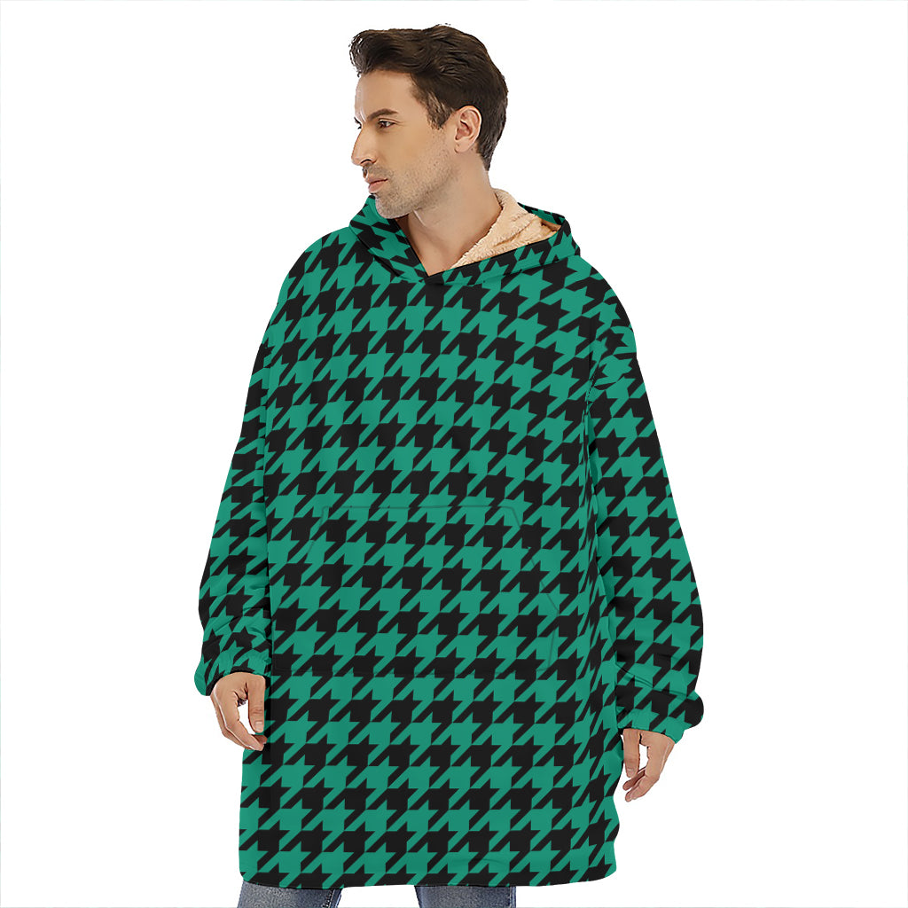 Jungle Green And Black Houndstooth Print Hoodie Blanket