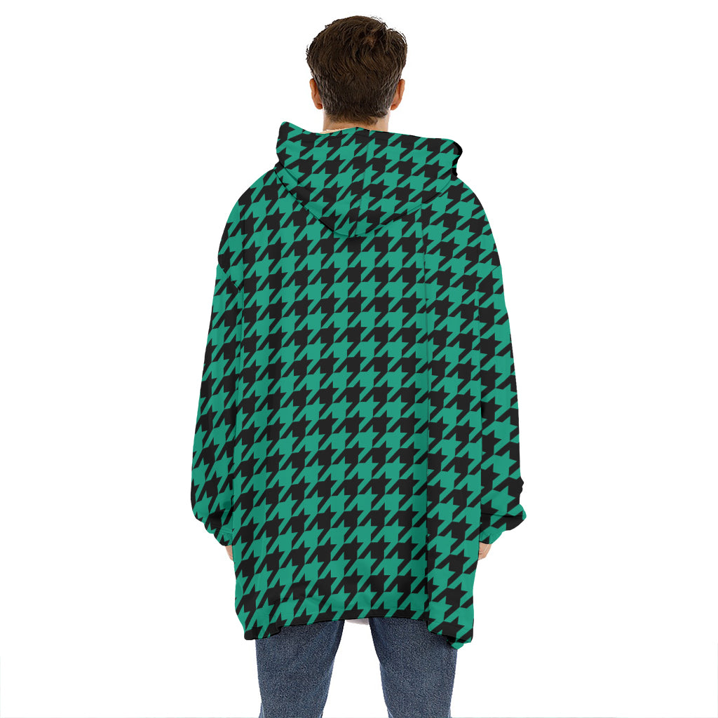 Jungle Green And Black Houndstooth Print Hoodie Blanket