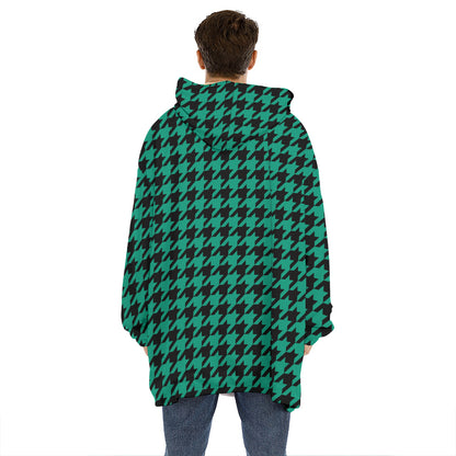 Jungle Green And Black Houndstooth Print Hoodie Blanket