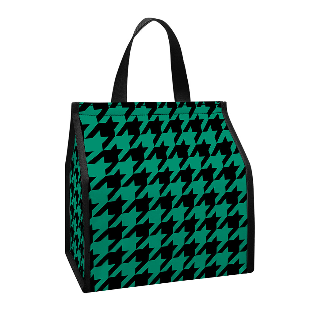 Jungle Green And Black Houndstooth Print Insulated Lunch Tote