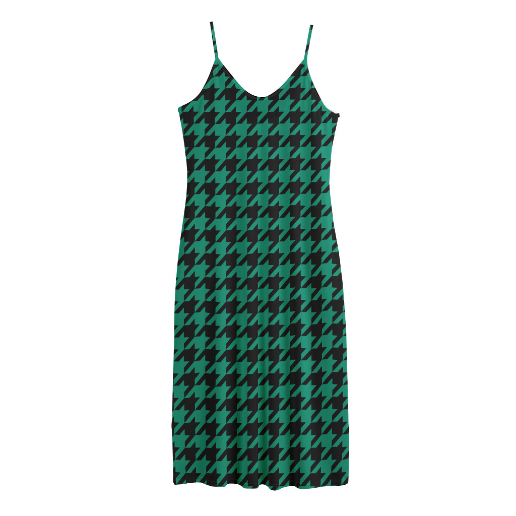 Jungle Green And Black Houndstooth Print Jersey Midi Cami Dress