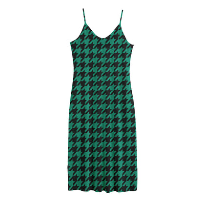 Jungle Green And Black Houndstooth Print Jersey Midi Cami Dress