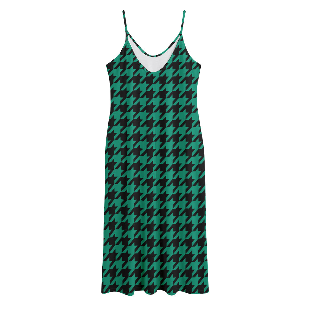 Jungle Green And Black Houndstooth Print Jersey Midi Cami Dress