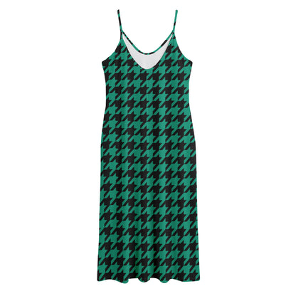 Jungle Green And Black Houndstooth Print Jersey Midi Cami Dress