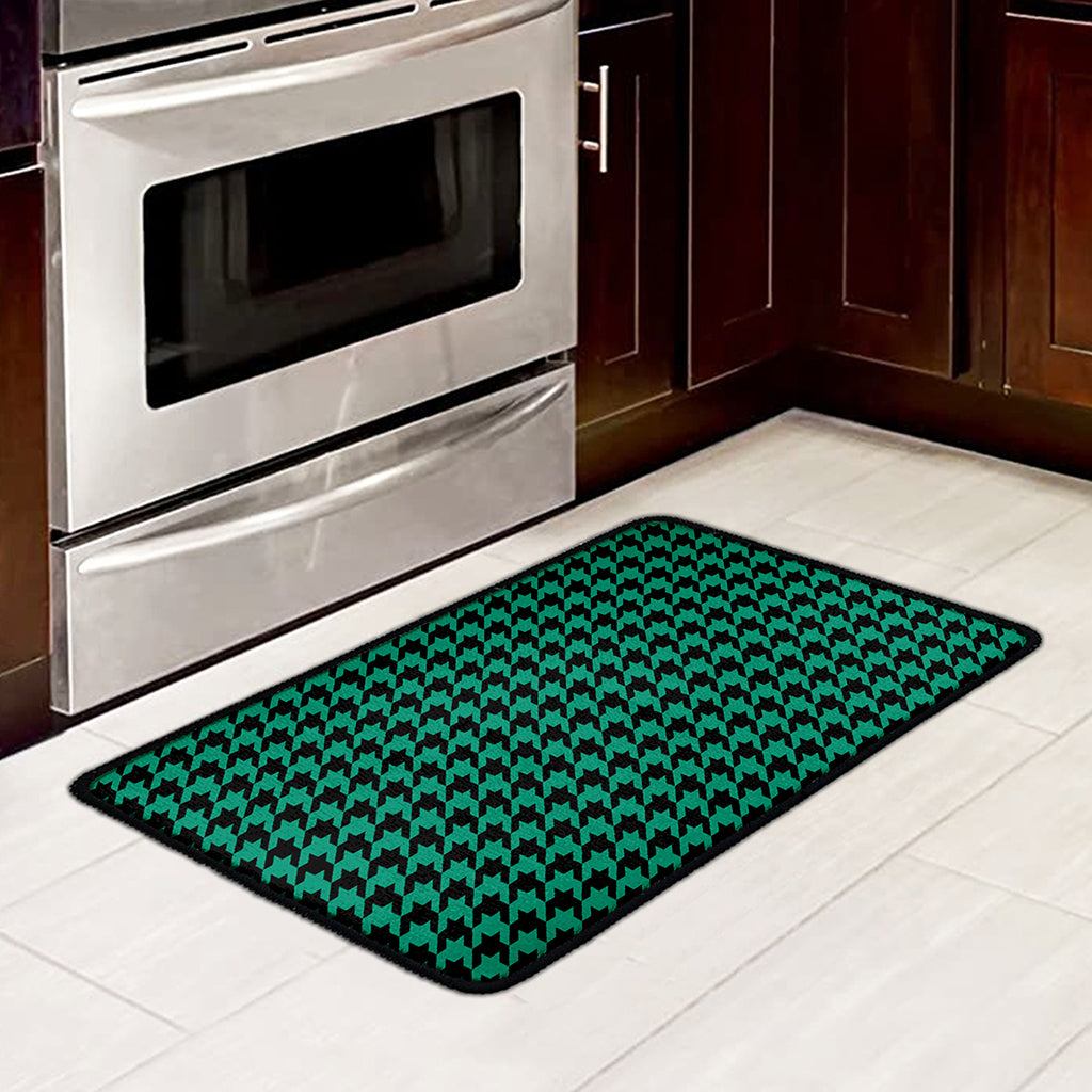 Jungle Green And Black Houndstooth Print Kitchen Mat