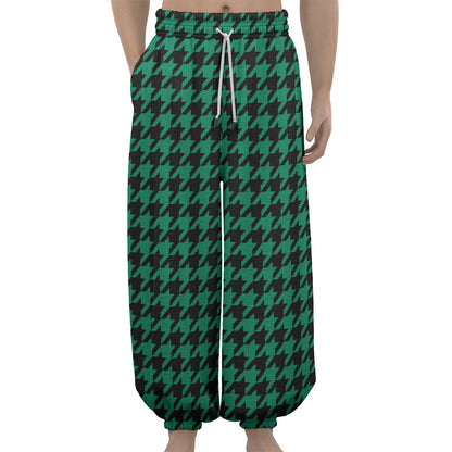 Jungle Green And Black Houndstooth Print Lantern Pants
