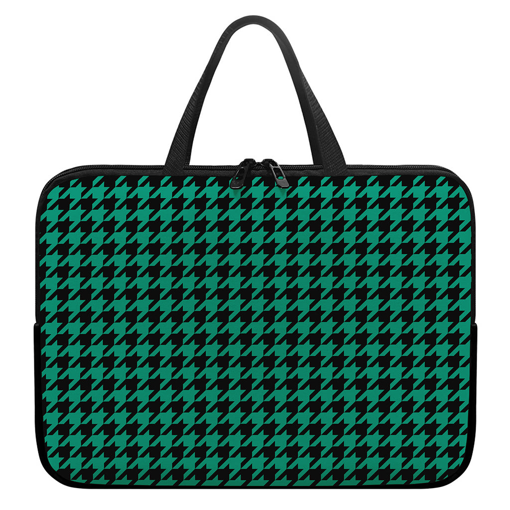 Jungle Green And Black Houndstooth Print Laptop Sleeve With Handle