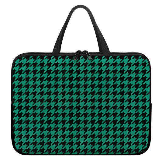 Jungle Green And Black Houndstooth Print Laptop Sleeve With Handle
