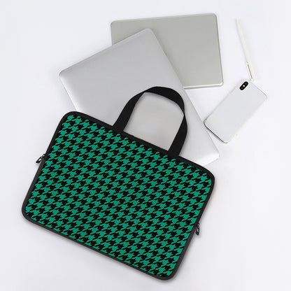 Jungle Green And Black Houndstooth Print Laptop Sleeve With Handle