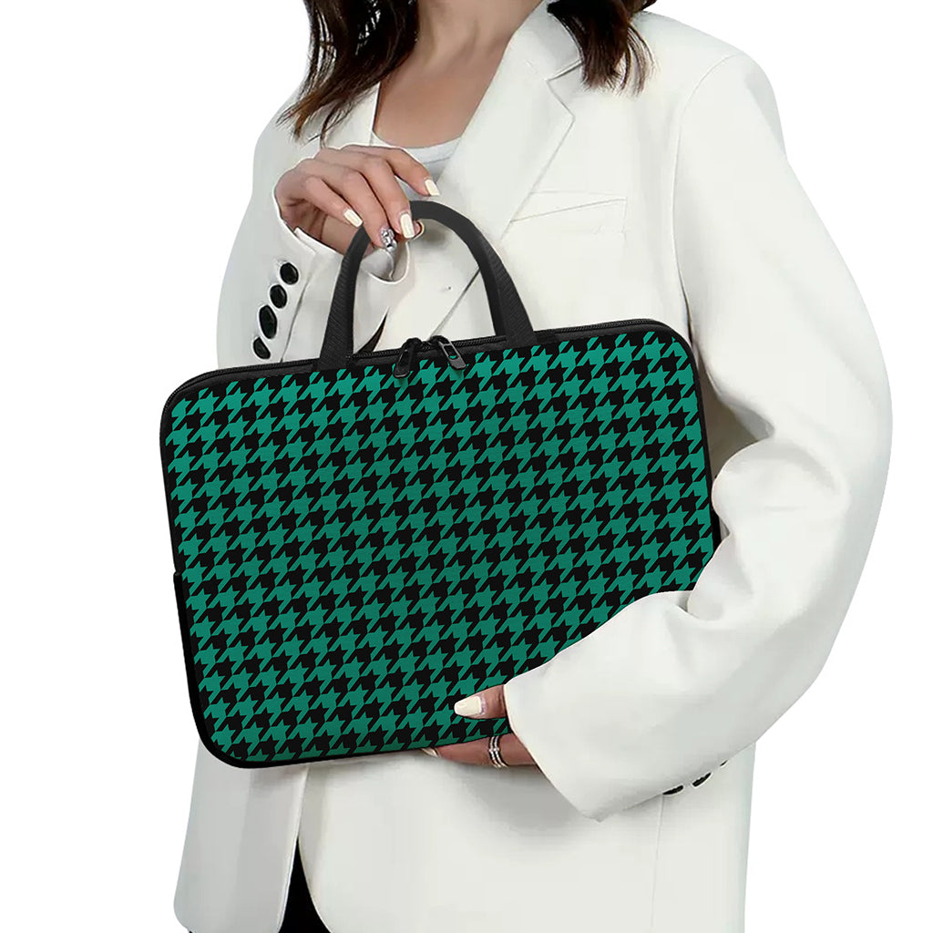 Jungle Green And Black Houndstooth Print Laptop Sleeve With Handle