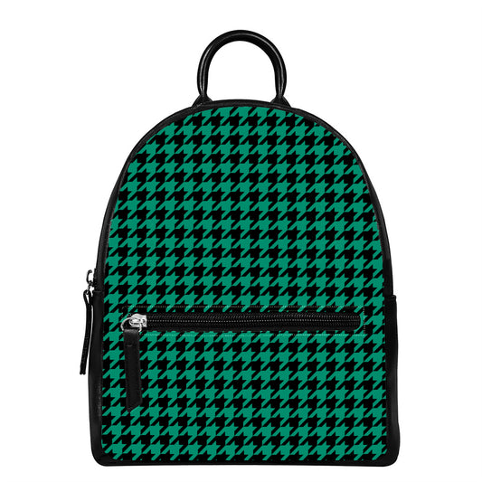 Jungle Green And Black Houndstooth Print Leather Backpack