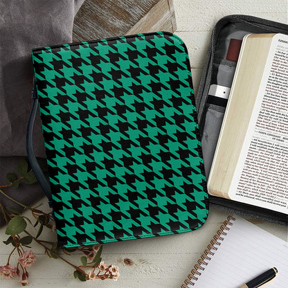 Jungle Green And Black Houndstooth Print Leather Bible Cover