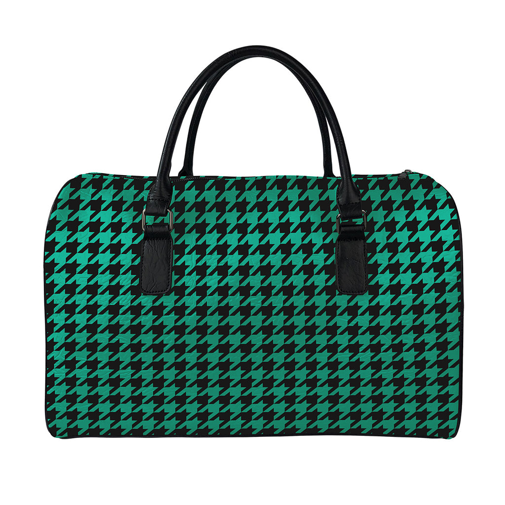 Jungle Green And Black Houndstooth Print Leather Duffle Bag
