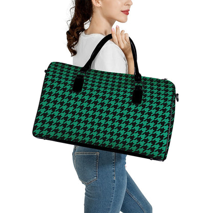 Jungle Green And Black Houndstooth Print Leather Duffle Bag