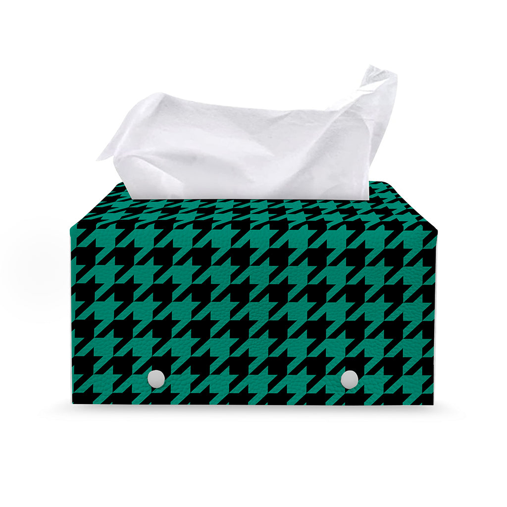 Jungle Green And Black Houndstooth Print Leather Tissue Box Cover