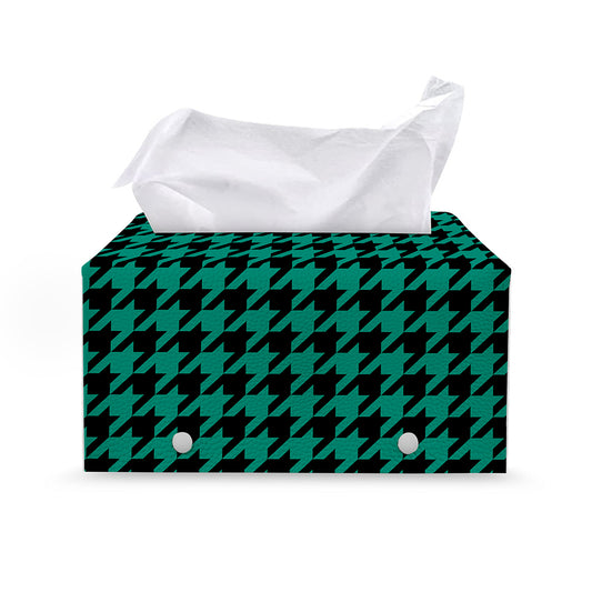 Jungle Green And Black Houndstooth Print Leather Tissue Box Cover