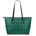 Jungle Green And Black Houndstooth Print Leather Tote Bag With Zipper