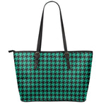 Jungle Green And Black Houndstooth Print Leather Tote Bag