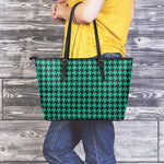 Jungle Green And Black Houndstooth Print Leather Tote Bag
