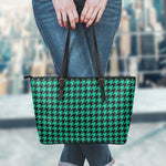 Jungle Green And Black Houndstooth Print Leather Tote Bag
