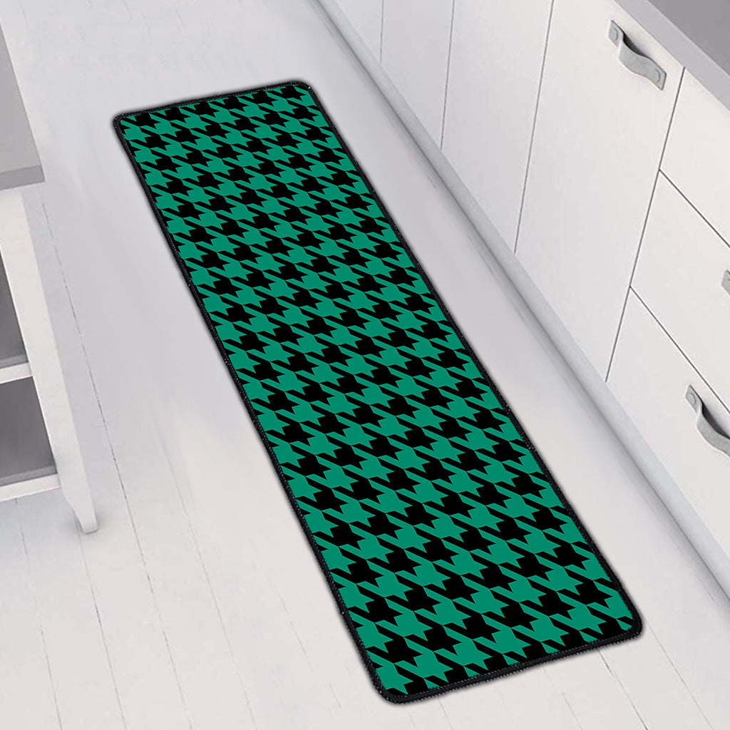 Jungle Green And Black Houndstooth Print Long Kitchen Mat