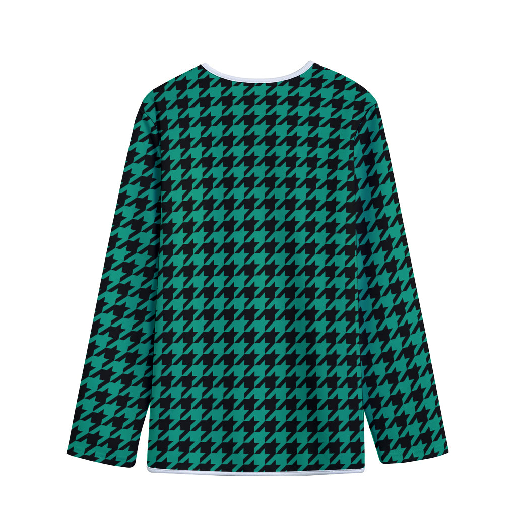Jungle Green And Black Houndstooth Print Long Sleeve Short Coat
