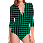 Jungle Green And Black Houndstooth Print Long Sleeve Swimsuit