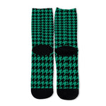Jungle Green And Black Houndstooth Print Long Socks