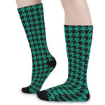 Jungle Green And Black Houndstooth Print Long Socks