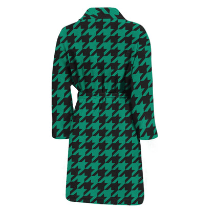 Jungle Green And Black Houndstooth Print Men's Bathrobe