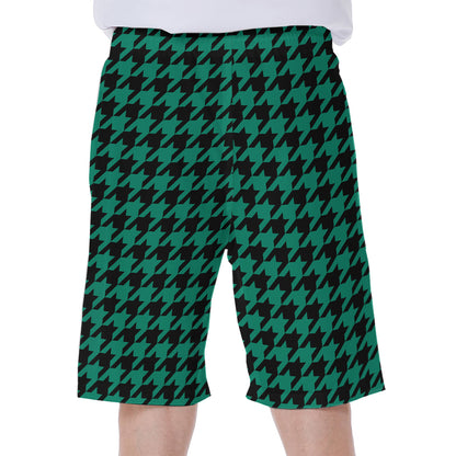 Jungle Green And Black Houndstooth Print Men's Beach Shorts