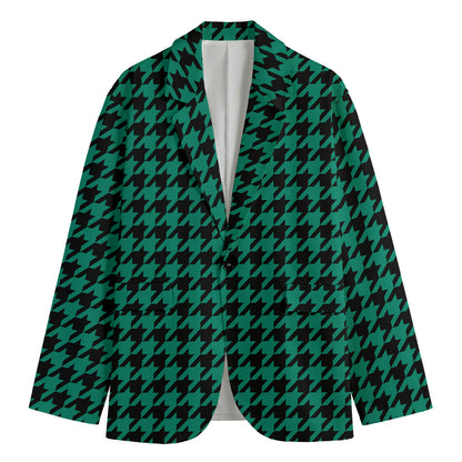 Jungle Green And Black Houndstooth Print Men's Blazer