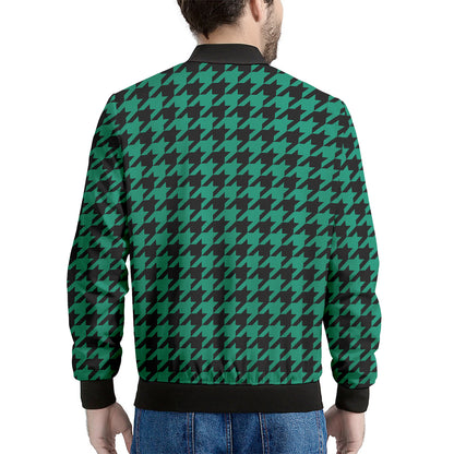 Jungle Green And Black Houndstooth Print Men's Bomber Jacket